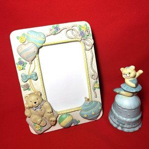 Bear Picture Frame and Blue Bear Bell Ornament Set Baby Shower Gift